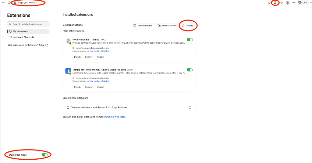 Edge extensions page with Developer mode and Update button circled