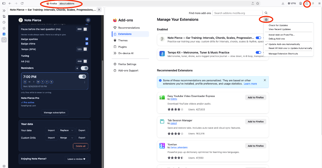 Firefox add-ons page with gear icon and Check for Updates circled