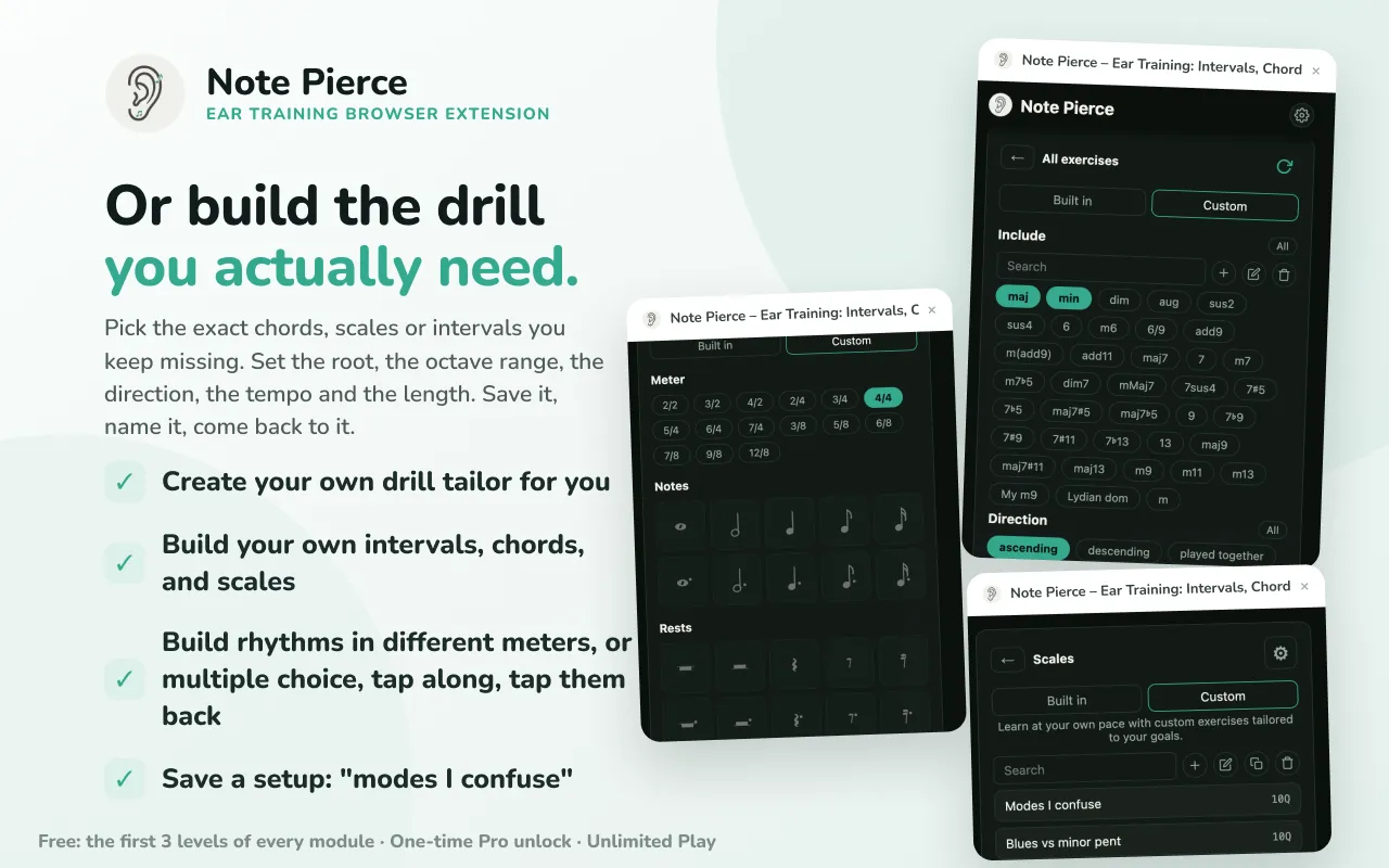 Note Pierce custom drills: pick chords, scales, meters, and rhythms