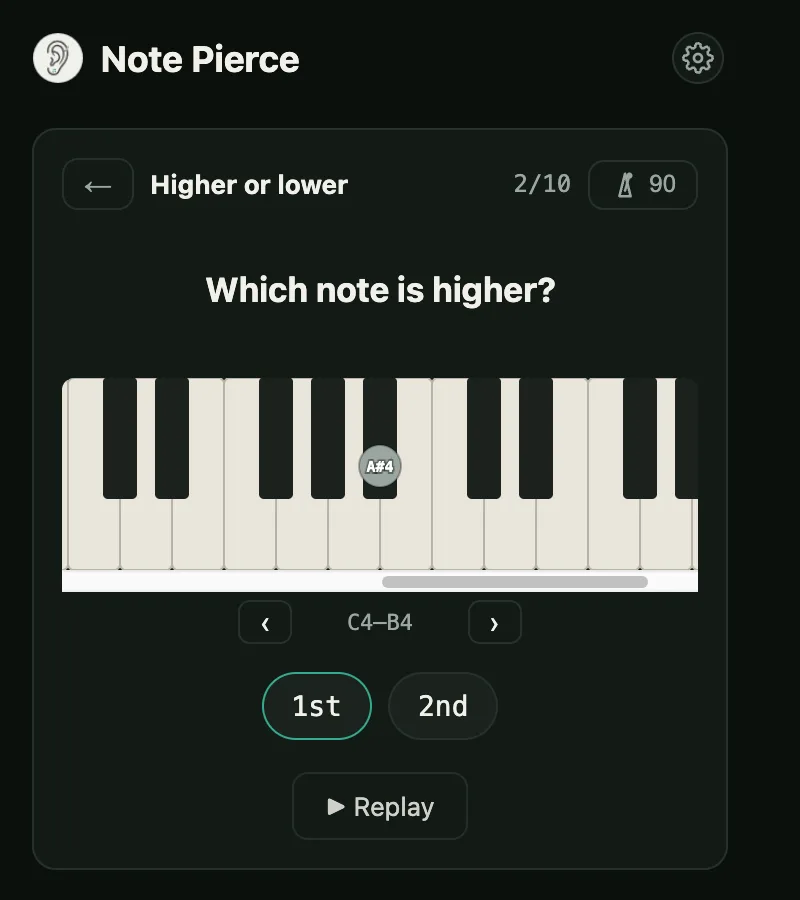 A Note Pierce round: which note is higher, with the piano showing the notes that played