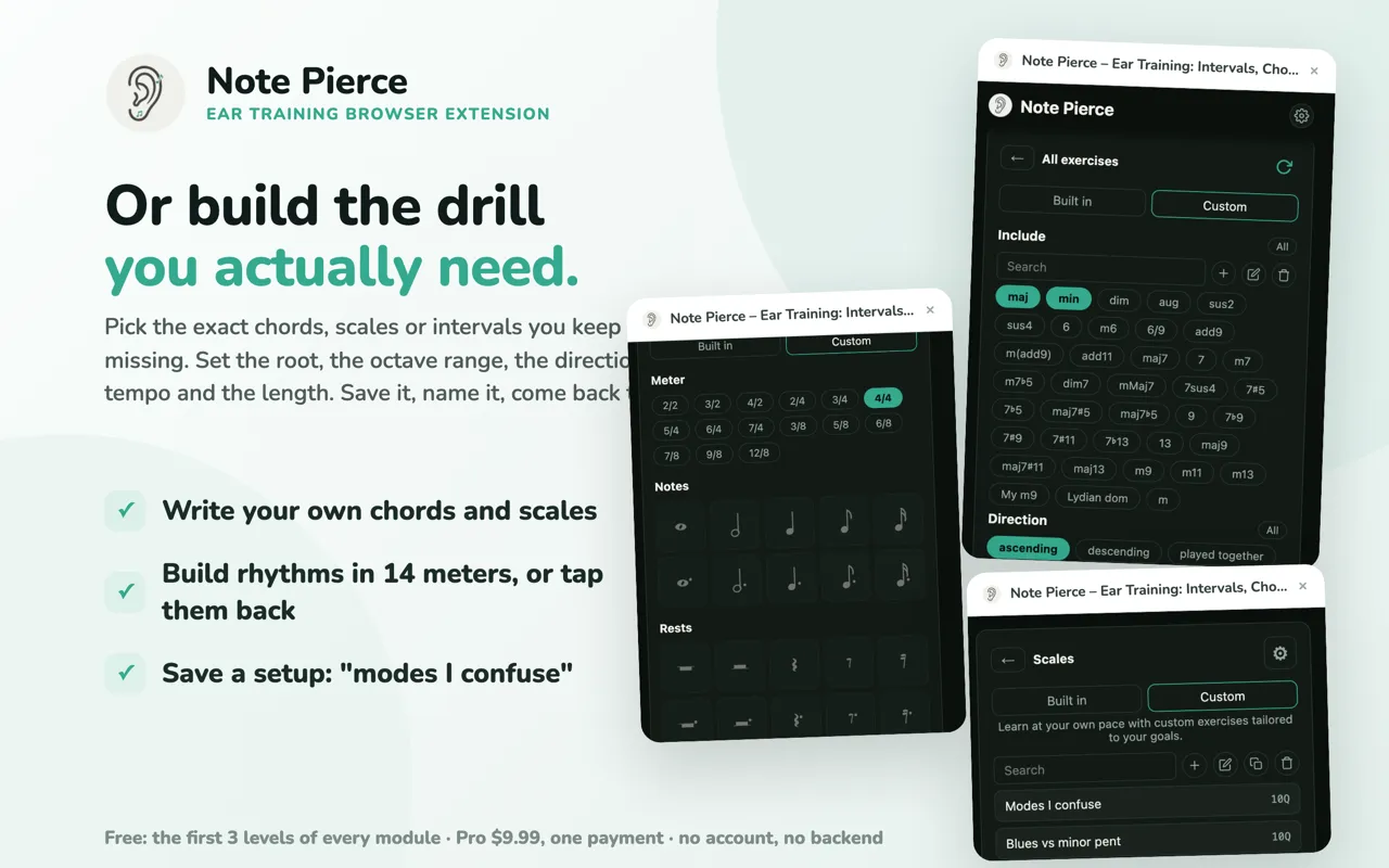 Note Pierce custom drill builder: pick chords, scales, meters and rhythms